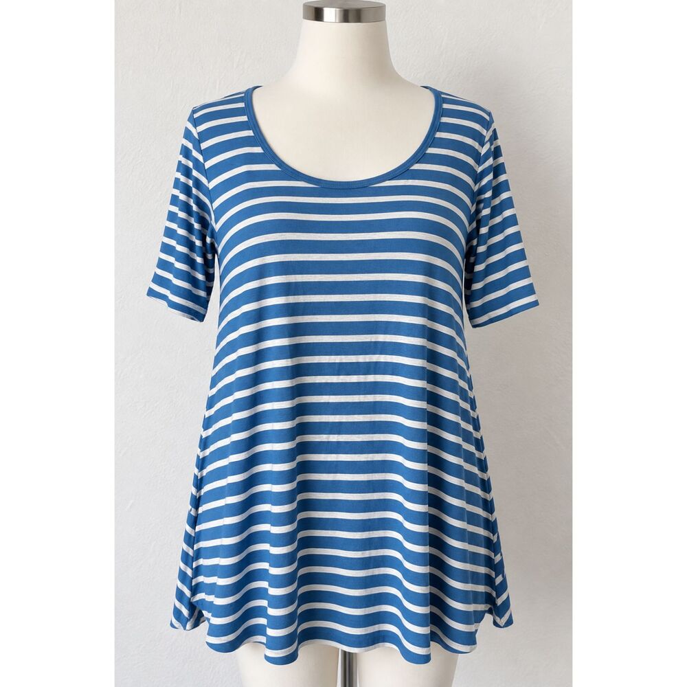 LuLaRoe Perfect T Women’s M Blue White Striped Tunic Top Rayon Stretch NWT